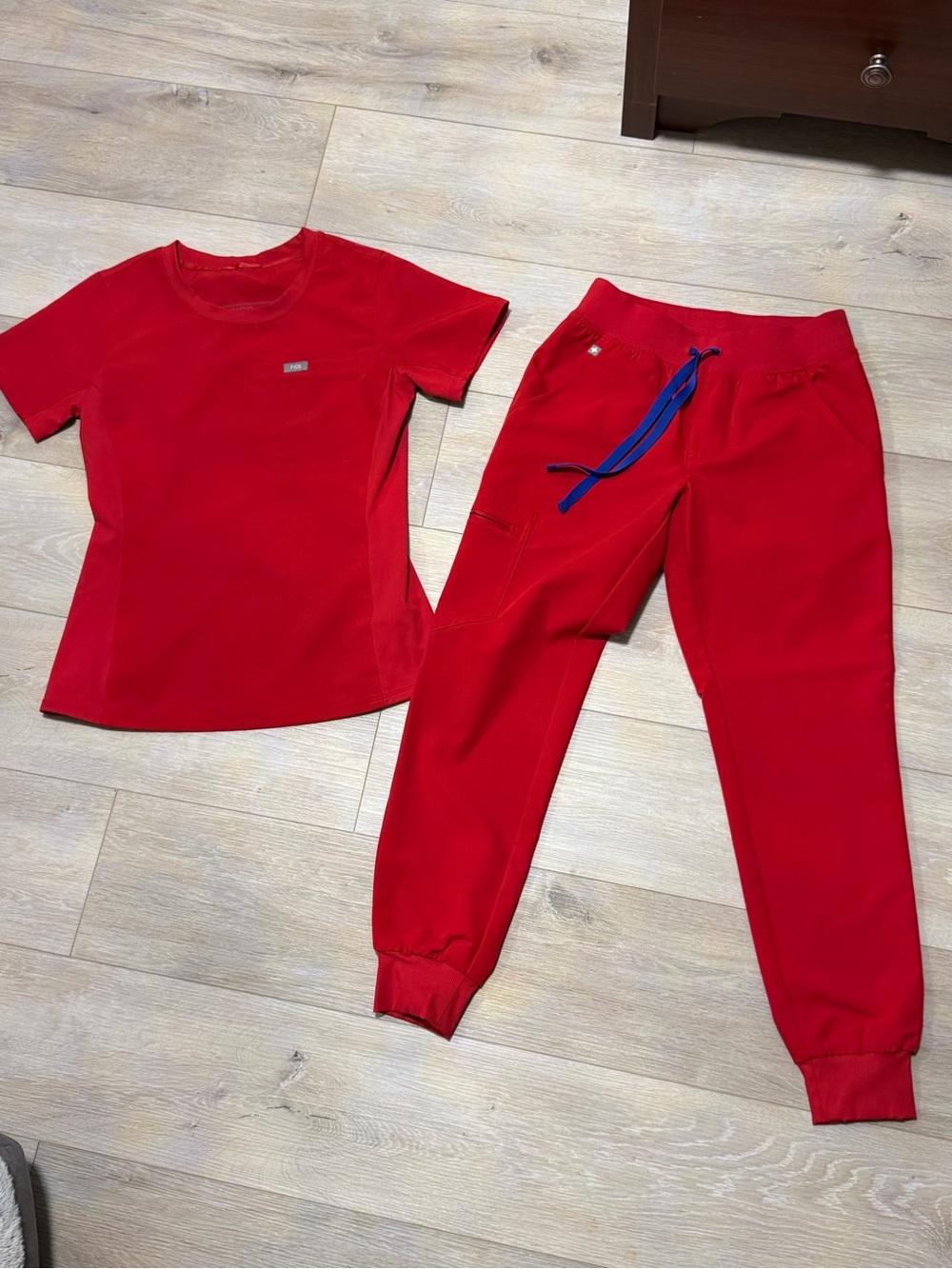 Figs Women's Red Jogger Scrub Set with Blue Drawstring